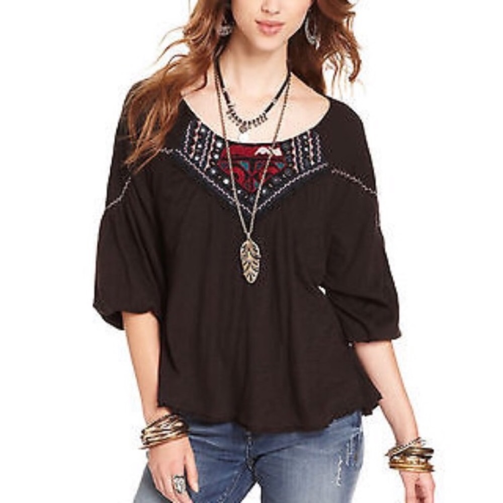 Free People Mirrored Embroidered Peasant Top Black